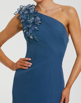 Blue One Shoulder Mermaid Gown with 3D Flowers